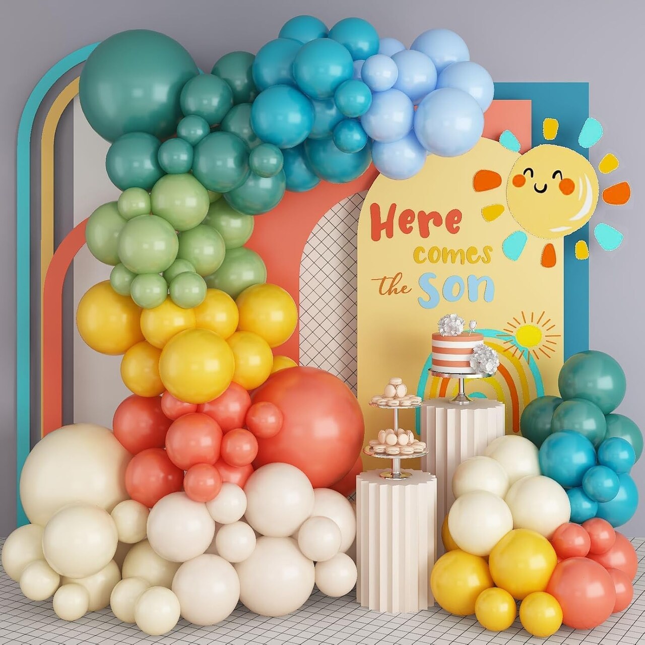 Retro Boho Balloon Arch Garland Kit (163pcs) – Blue, Orange & Mustard Yellow Balloons for “Here Comes the Sun” First Birthday, Boho Baby Shower & Colorful Party Decorations